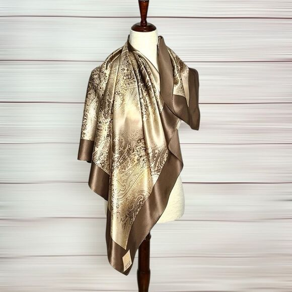 YONG DOO YEUL Korea Silk Scarf Cocoa Tan Colors Paisley Print 35x35” - Picture 1 of 11